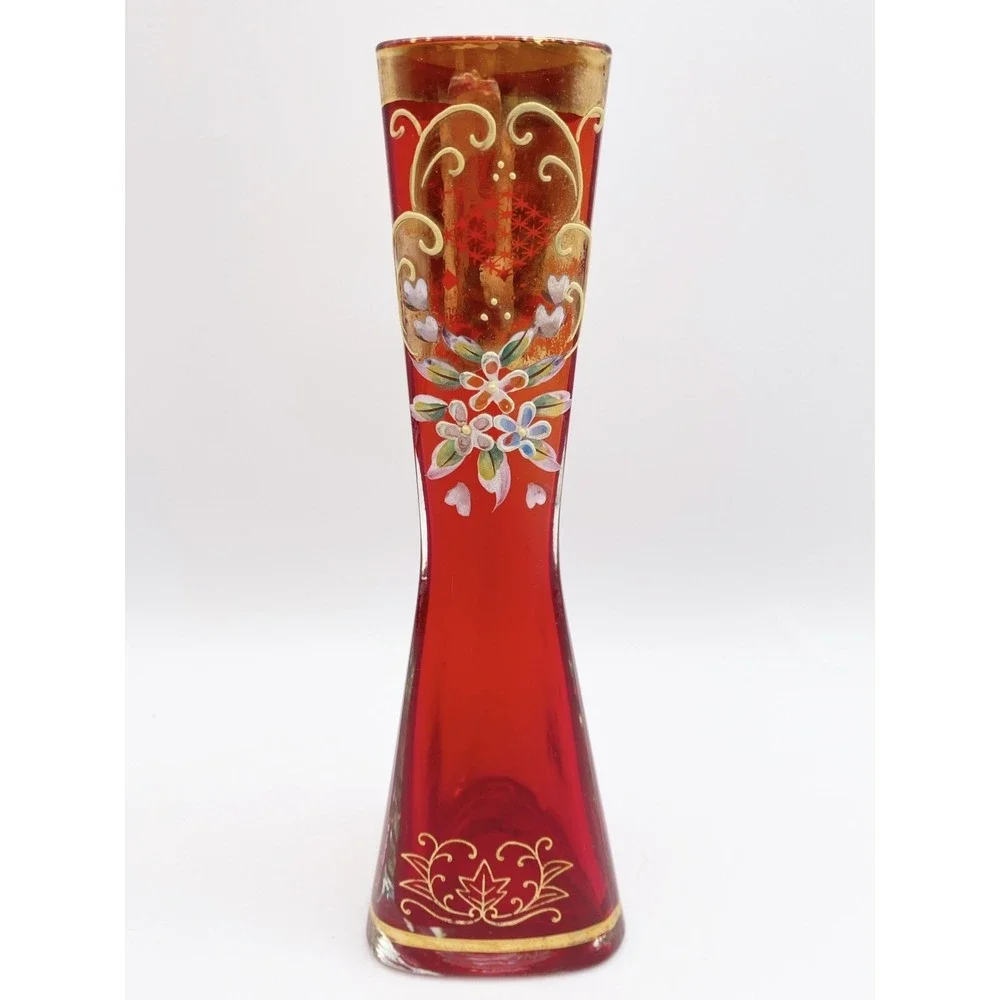 Ruby Red Bohemian Style Vase‎ Enameled Flowers Gold Trim 7 1/2